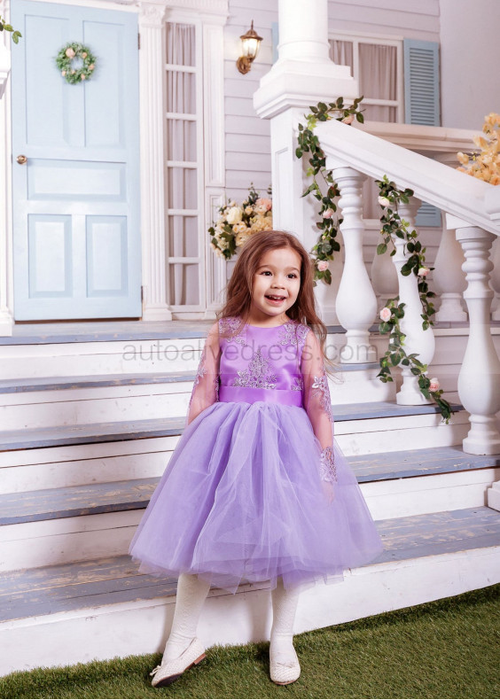 Purple Lace Tulle Flower Girl Dress With Bow Sash